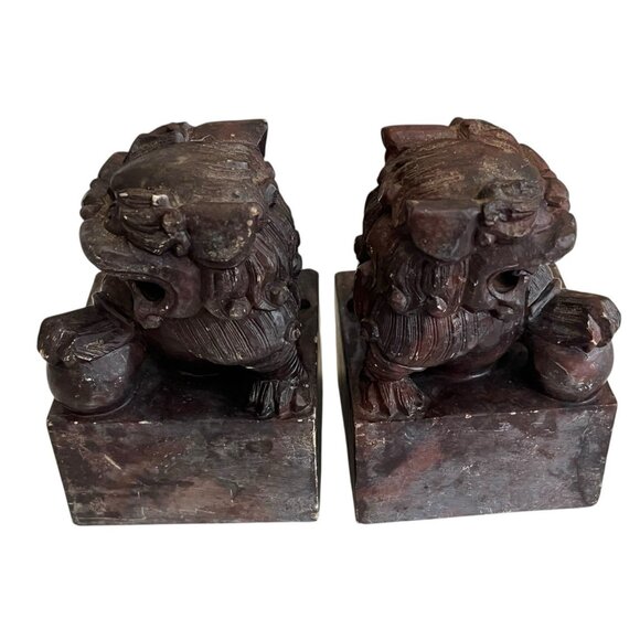 Set Of 2 Vintage Chinese Solid Marble Foo Dogs Imperial Guardian Lions Male Yang - Picture 4 of 8